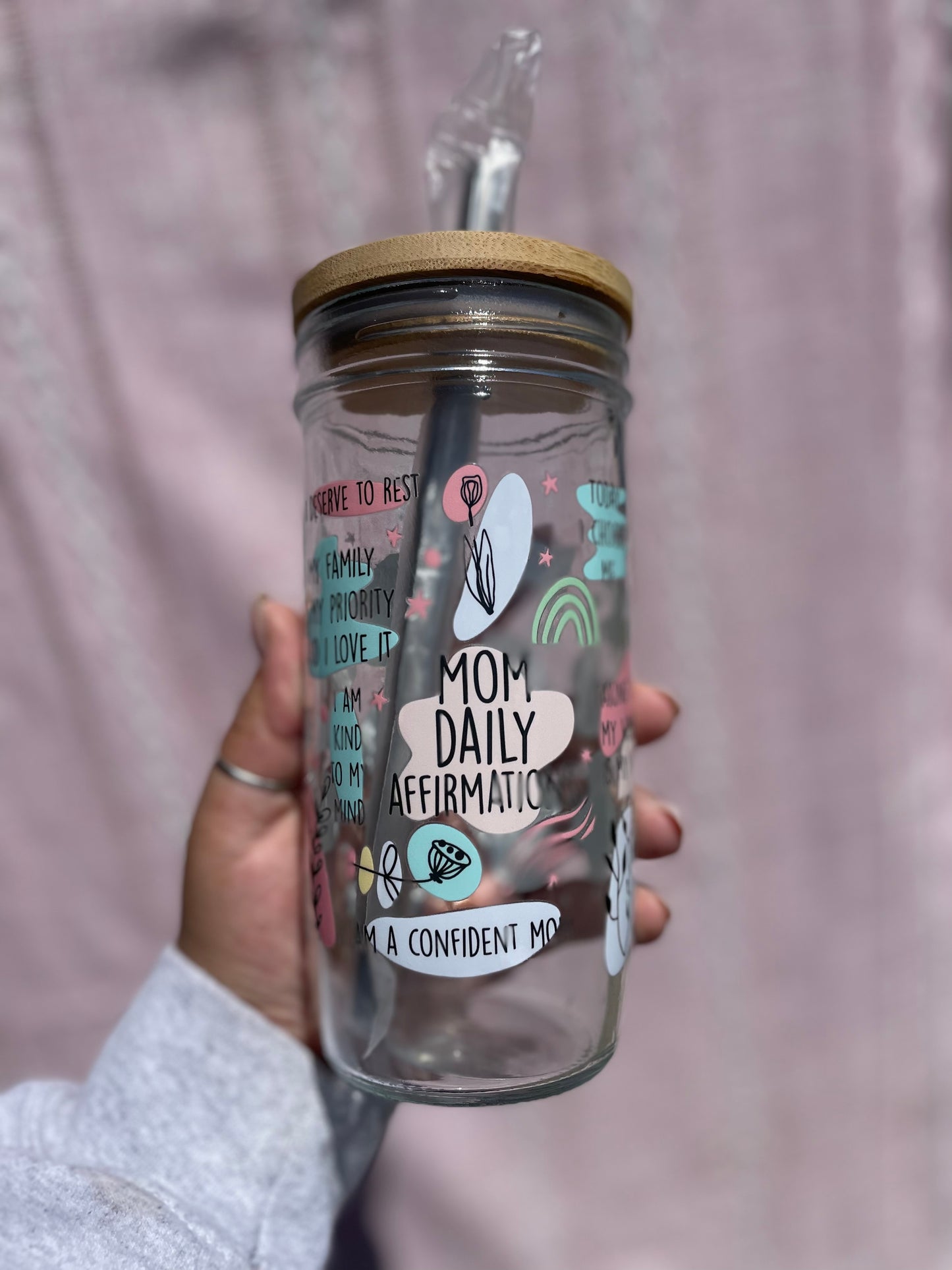 Mama Affirmation Glass Cups- Smoothie Cup. Bubble Tea. Aesthetic Cup. 24 OZ.