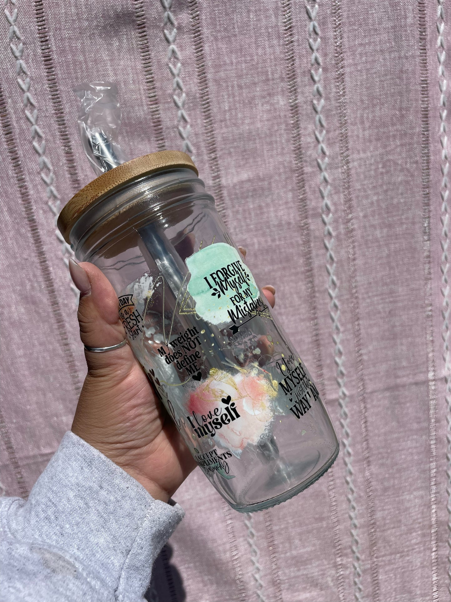 Every Body is Beautiful Affirmation Glass Cups- Smoothie Cup. Bubble Tea. Aesthetic Cup. 24 OZ.