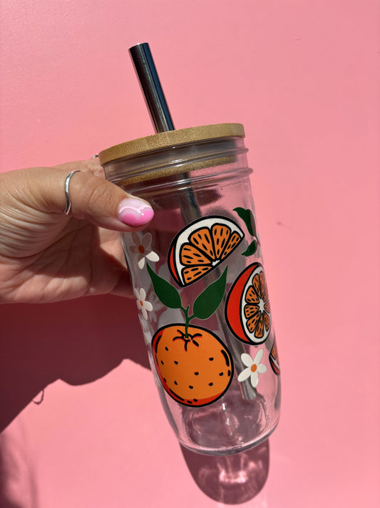 Orange blossom Glass Cups- Smoothie Cup. Bubble Tea. Aesthetic Cup. 24 OZ.