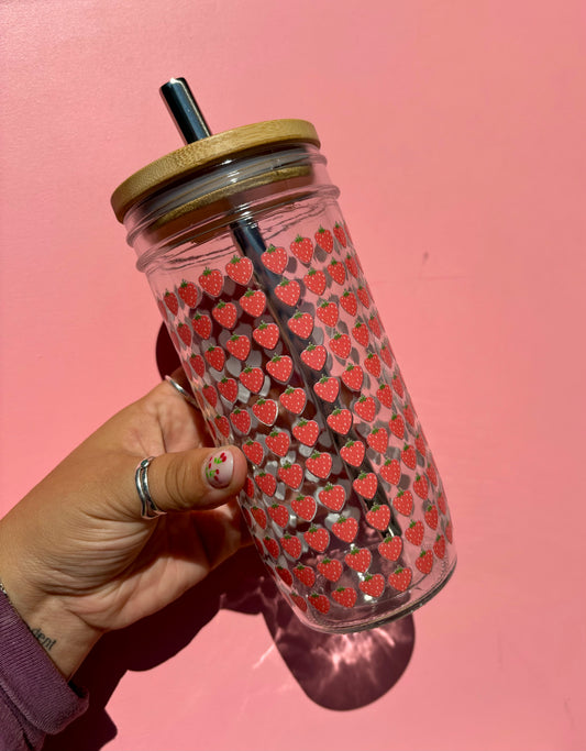 Mini Strawberry Glass Cups- Smoothie Cup. Bubble Tea. Aesthetic Cup. 24 OZ.