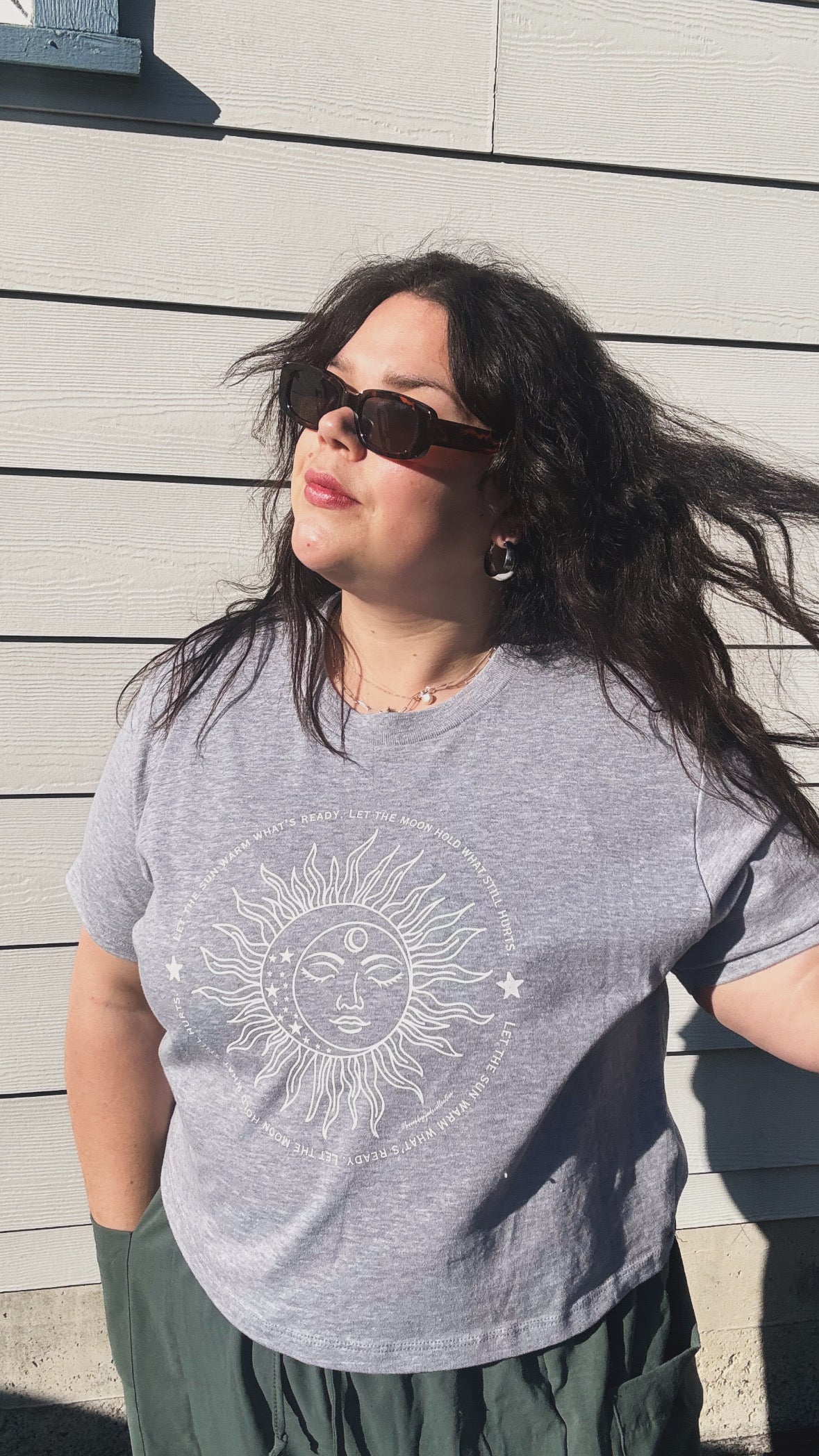 Grey sun and moon graphic women's boxy tee photo 2