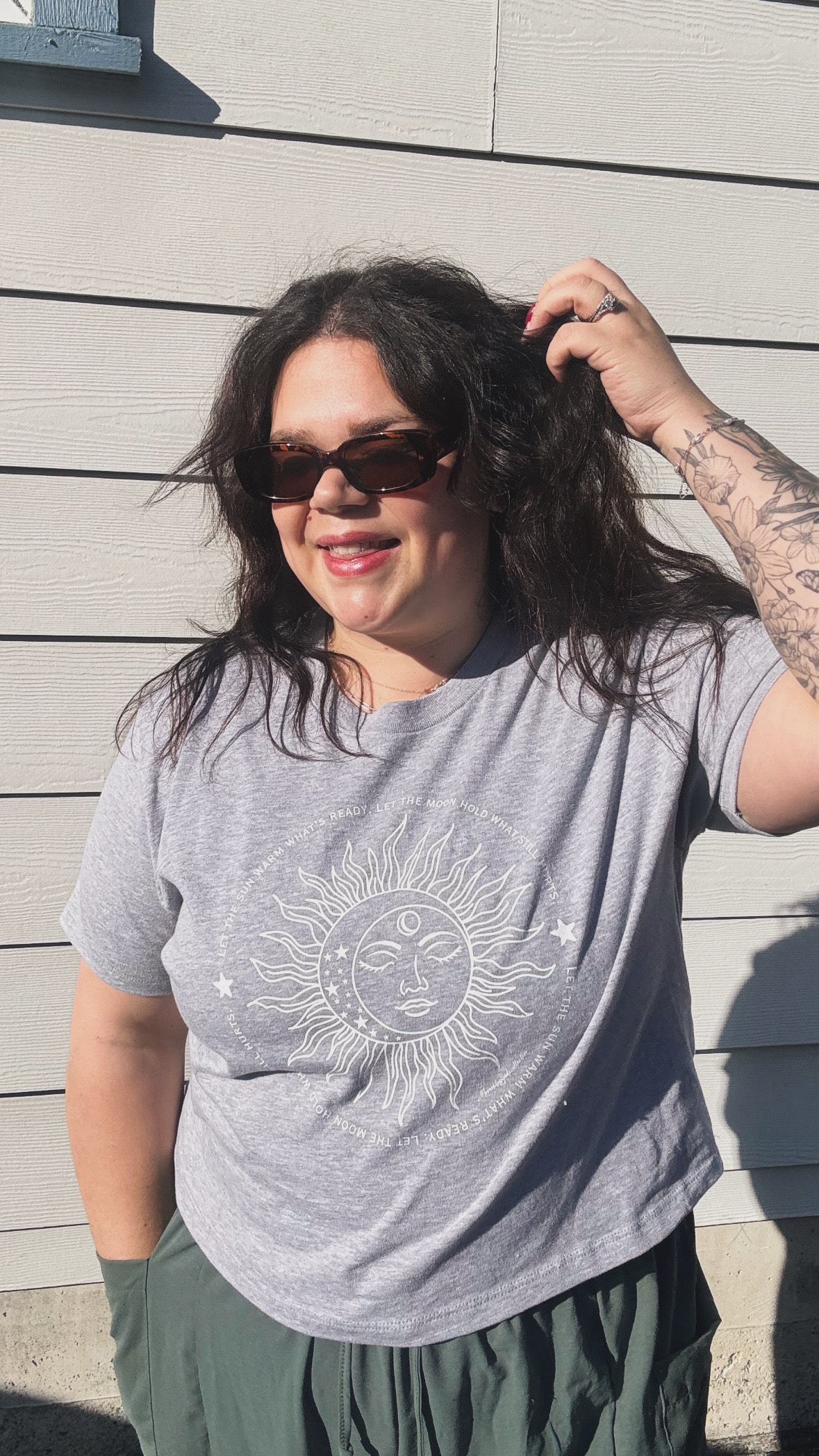 Grey sun and moon graphic women's boxy tee photo 1