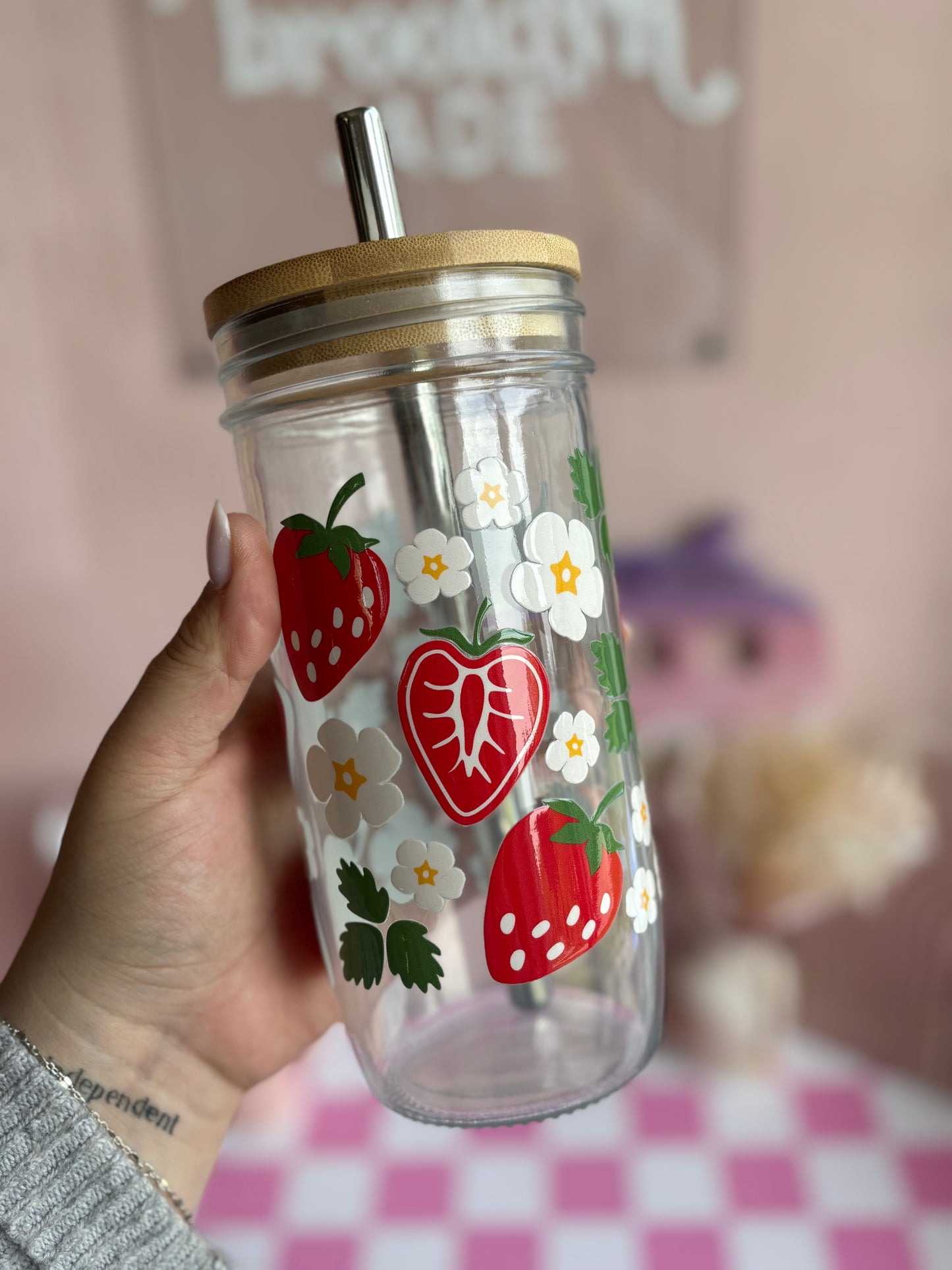 Strawberry Summer Glass Cups- Smoothie Cup. Bubble Tea. Aesthetic Cup. 24 OZ.