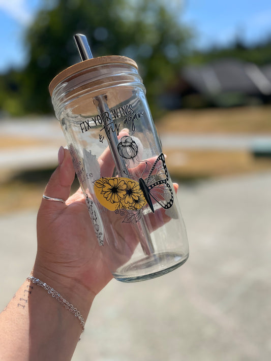 Fix Your Wings And Try Again Glass Cups- Smoothie Cup. Bubble Tea. Aesthetic Cup. 24 OZ.